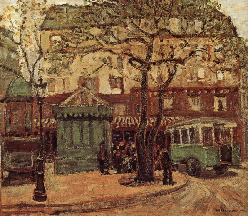 Grant Wood Greenish Bus in Street of Paris oil painting picture